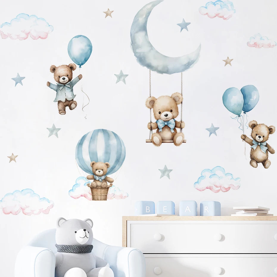 Children's room with teddy bear wall decals, balloons, and a moon.