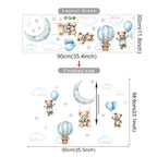 Wall decal with teddy bears and balloons, showing layout and finished size measurements.