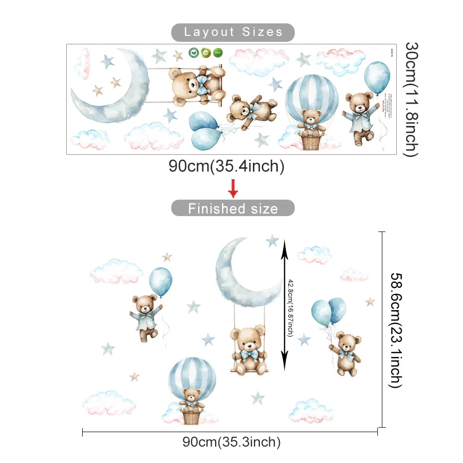Wall decal with teddy bears and balloons, showing layout and finished size measurements.
