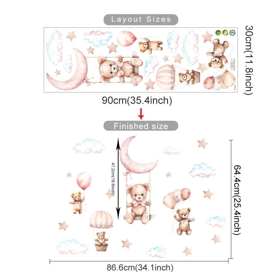 Wall decal with teddy bears, clouds, and a moon, showing layout sizes on a white background.
