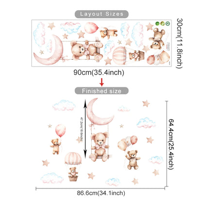 Wall decal with teddy bears, clouds, and a moon, showing layout sizes on a white background.