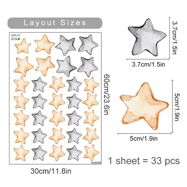 Sheet of star-shaped stickers with layout sizes and quantities on a white background