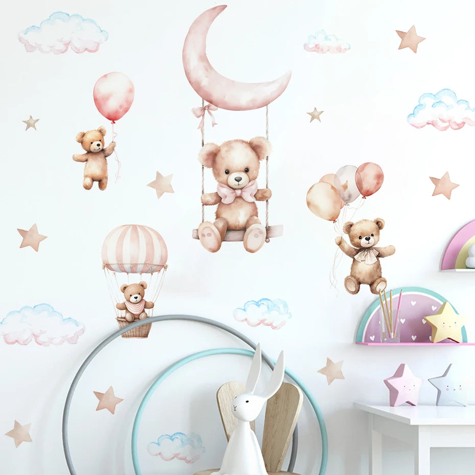 Wall stickers with teddy bears, balloons, and clouds on a white wall.
