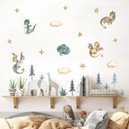 Children's room with dinosaur and elephant wall decals, books, and a wooden shelf.