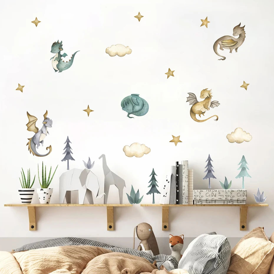 Children's room with dinosaur and elephant wall decals, books, and a wooden shelf.