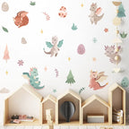 Children's room with dragon wall decals and wooden shelves.