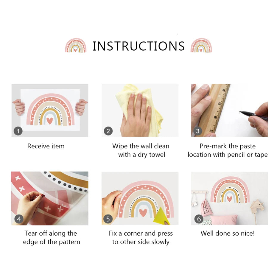 Step-by-step installation instructions for a decorative rainbow wall art.