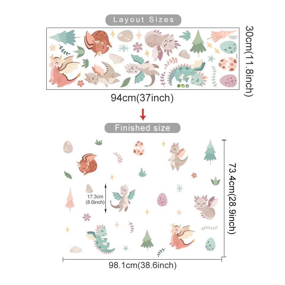 Measurement chart showing layout and finished size of dragon-themed wall stickers.