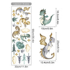 Dragon-themed wall stickers with measurements on a white background
