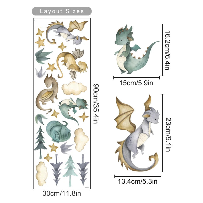 Dragon-themed wall stickers with measurements on a white background