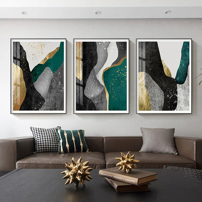 Modern Abstract Nordic Geomorphic Green Grey Goldn Wall Art Fine Art Canvas Prints Pictures For Modern Apartment Living Room Home Decor