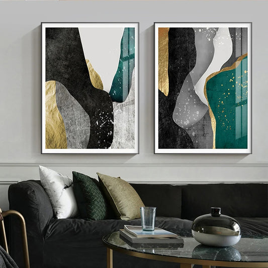 Modern Abstract Nordic Geomorphic Green Grey Goldn Wall Art Fine Art Canvas Prints Pictures For Modern Apartment Living Room Home Decor