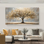Living room with a large abstract tree painting on the wall above a sofa.