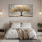 Bedroom with a large tree painting on the wall