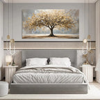 Modern bedroom with a large tree painting above the bed