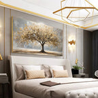 Modern bedroom with a large bed, decorative wall art of a tree, and stylish lighting fixtures.