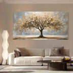 Living room with a large abstract tree painting on the wall above a sofa.