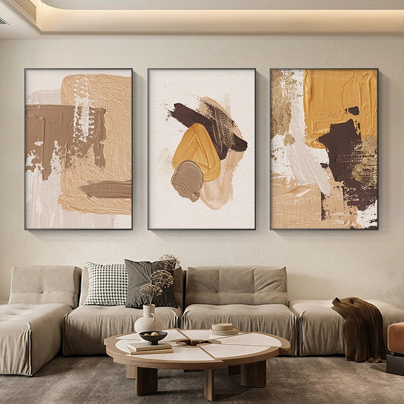 Elegant Earth Tones Abstract Brush Texture Wall Art Fine Art Canvas Prints Triple Harmony of Mustard Yellow, Brown, and Beige – Contemporary Wall Art for Modern Home Decor