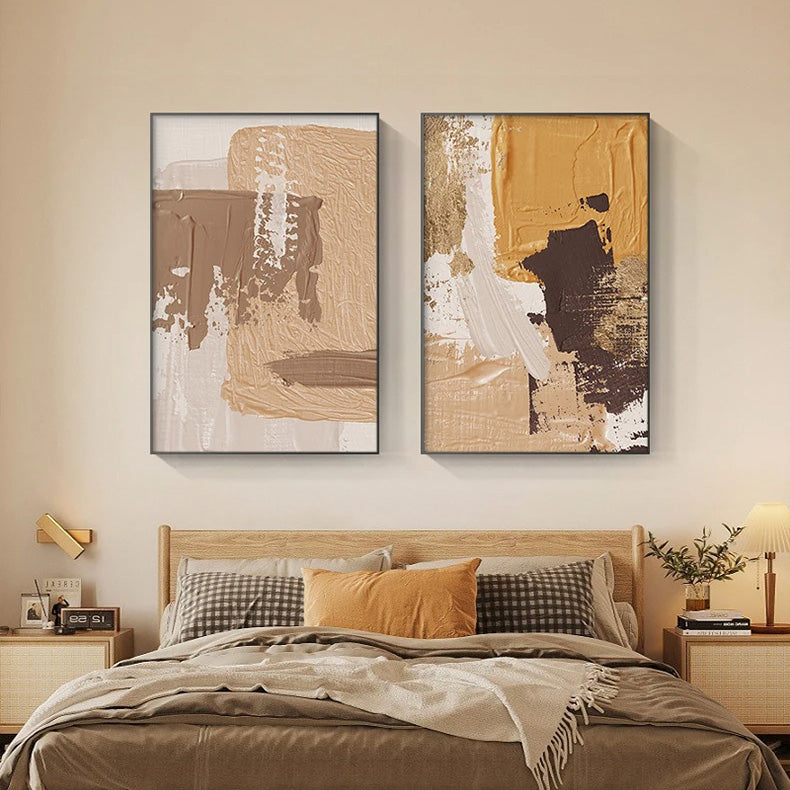 Elegant Earth Tones Abstract Brush Texture Wall Art Fine Art Canvas Prints Triple Harmony of Mustard Yellow, Brown, and Beige – Contemporary Wall Art for Modern Home Decor