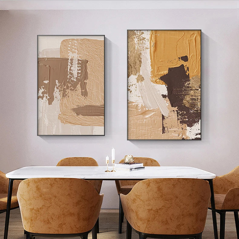 Elegant Earth Tones Abstract Brush Texture Wall Art Fine Art Canvas Prints Triple Harmony of Mustard Yellow, Brown, and Beige – Contemporary Wall Art for Modern Home Decor