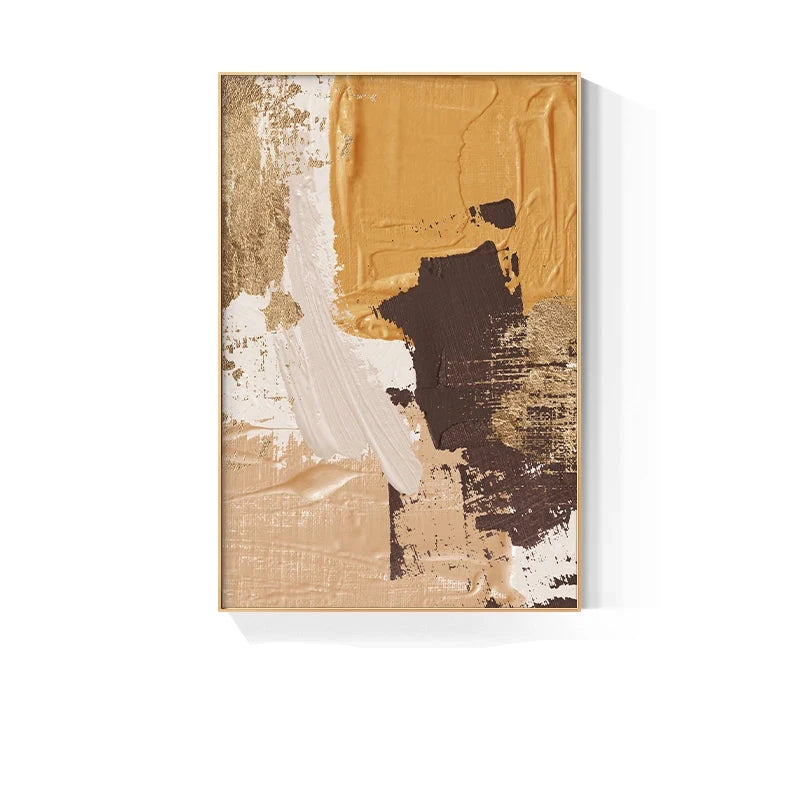 Elegant Earth Tones Abstract Brush Texture Wall Art Fine Art Canvas Prints Triple Harmony of Mustard Yellow, Brown, and Beige – Contemporary Wall Art for Modern Home Decor