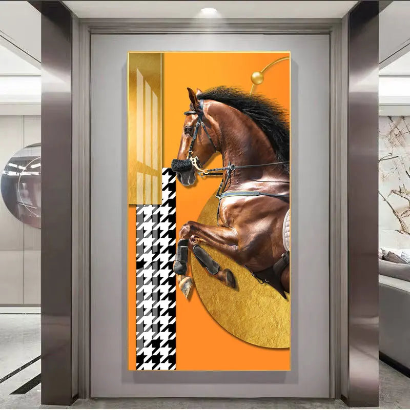 Elegant Equestrian Wall Art Fine Art Canvas Print Majestic Bay Horse Portrait on Abstract Orange Background for Pictures For Modern Interior Decor