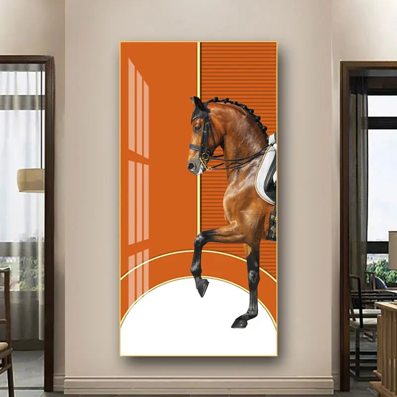 Elegant Equestrian Wall Art Fine Art Canvas Print Majestic Bay Horse Portrait on Abstract Orange Background for Pictures For Modern Interior Decor