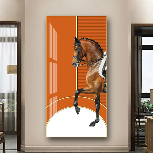 Elegant Equestrian Wall Art Fine Art Canvas Print Majestic Bay Horse Portrait on Abstract Orange Background for Pictures For Modern Interior Decor