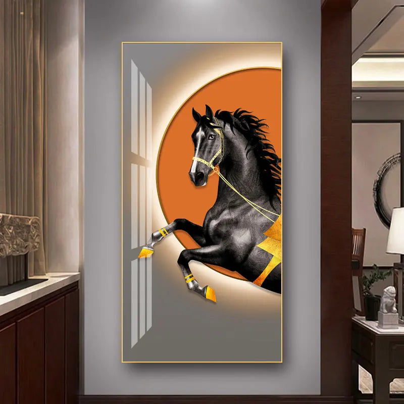Elegant Equestrian Wall Art Fine Art Canvas Print Majestic Bay Horse Portrait on Abstract Orange Background for Pictures For Modern Interior Decor