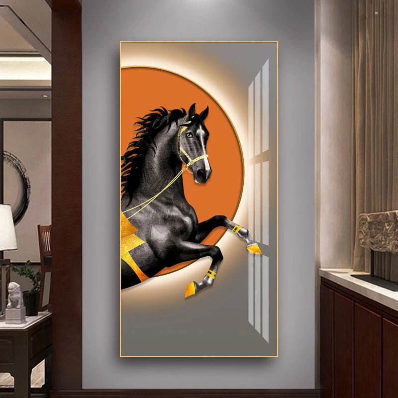 Elegant Equestrian Wall Art Fine Art Canvas Print Majestic Bay Horse Portrait on Abstract Orange Background for Pictures For Modern Interior Decor