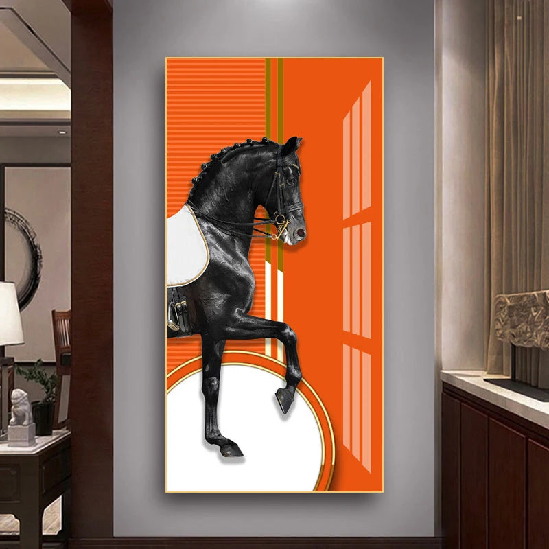Elegant Equestrian Wall Art Fine Art Canvas Print Majestic Bay Horse Portrait on Abstract Orange Background for Pictures For Modern Interior Decor