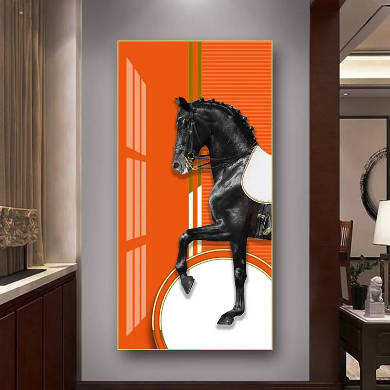 Elegant Equestrian Wall Art Fine Art Canvas Print Majestic Bay Horse Portrait on Abstract Orange Background for Pictures For Modern Interior Decor