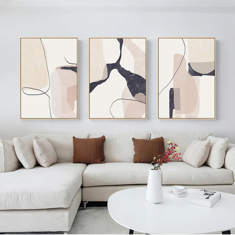 Elegant Minimalist Abstract Wall Art Fine Art Canvas Prints - Organic Shapes and Lines in Beige, Blush, and Black - Perfect for Modern Interiors and Home Decor
