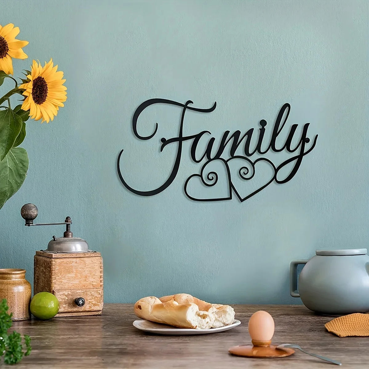 Elegant Typographic Family Sign Black Metal Wall Art 3d Iron Craft Wall Decoration For Living Room Dining Room Creative Nordic Home Decor