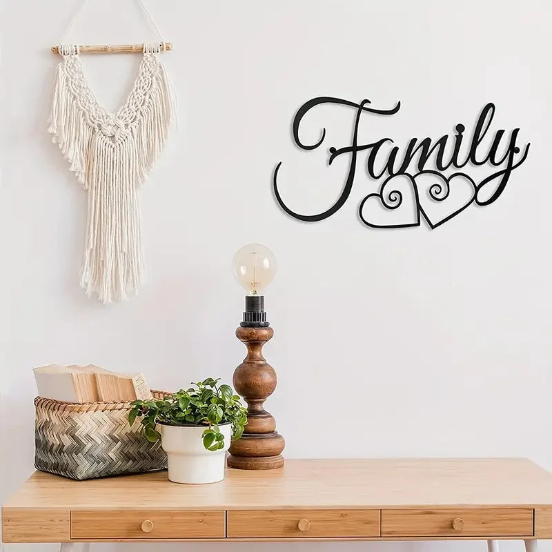 Elegant Typographic Family Sign Black Metal Wall Art 3d Iron Craft Wall Decoration For Living Room Dining Room Creative Nordic Home Decor