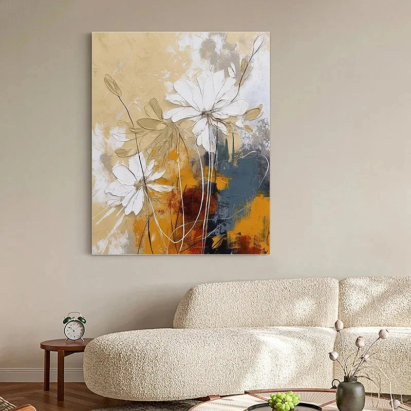 Elegant White Blossoms With Gold Accents Wall Art Fine Art Canvas Prints Modern Abstract Botanical Picture For Living Room Entranceway Wall Decor