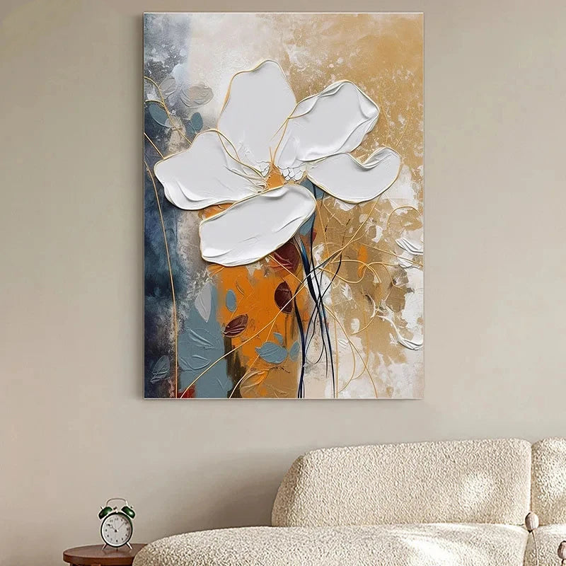 Elegant White Blossoms With Gold Accents Wall Art Fine Art Canvas Prints Modern Abstract Botanical Picture For Living Room Entranceway Wall Decor