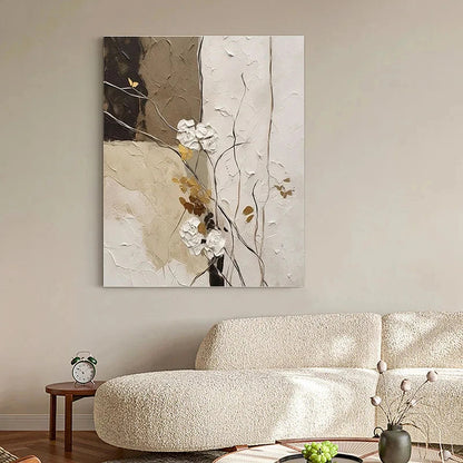 Elegant White Blossoms With Gold Accents Wall Art Fine Art Canvas Prints Modern Abstract Botanical Picture For Living Room Entranceway Wall Decor