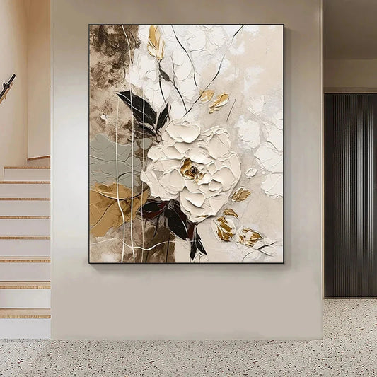 Elegant White Blossoms With Gold Accents Wall Art Fine Art Canvas Prints Modern Abstract Botanical Picture For Living Room Entranceway Wall Decor