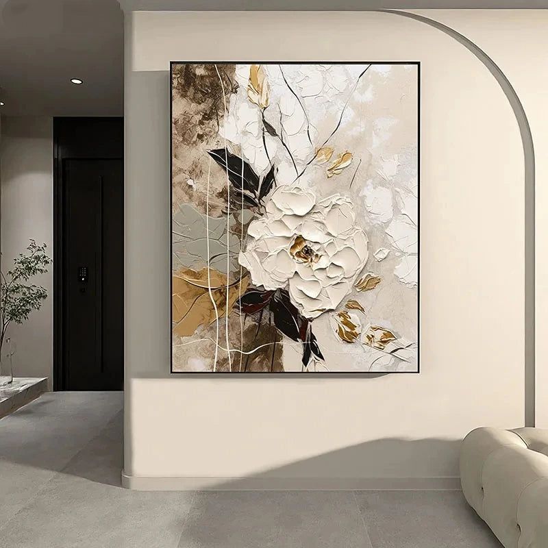 Elegant White Blossoms With Gold Accents Wall Art Fine Art Canvas Prints Modern Abstract Botanical Picture For Living Room Entranceway Wall Decor