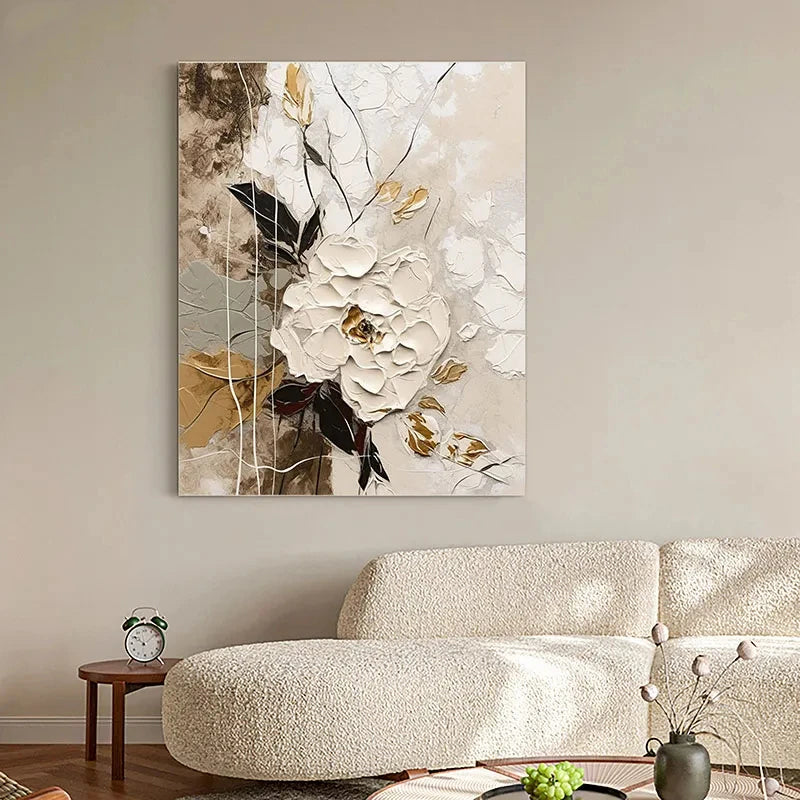 Elegant White Blossoms With Gold Accents Wall Art Fine Art Canvas Prints Modern Abstract Botanical Picture For Living Room Entranceway Wall Decor