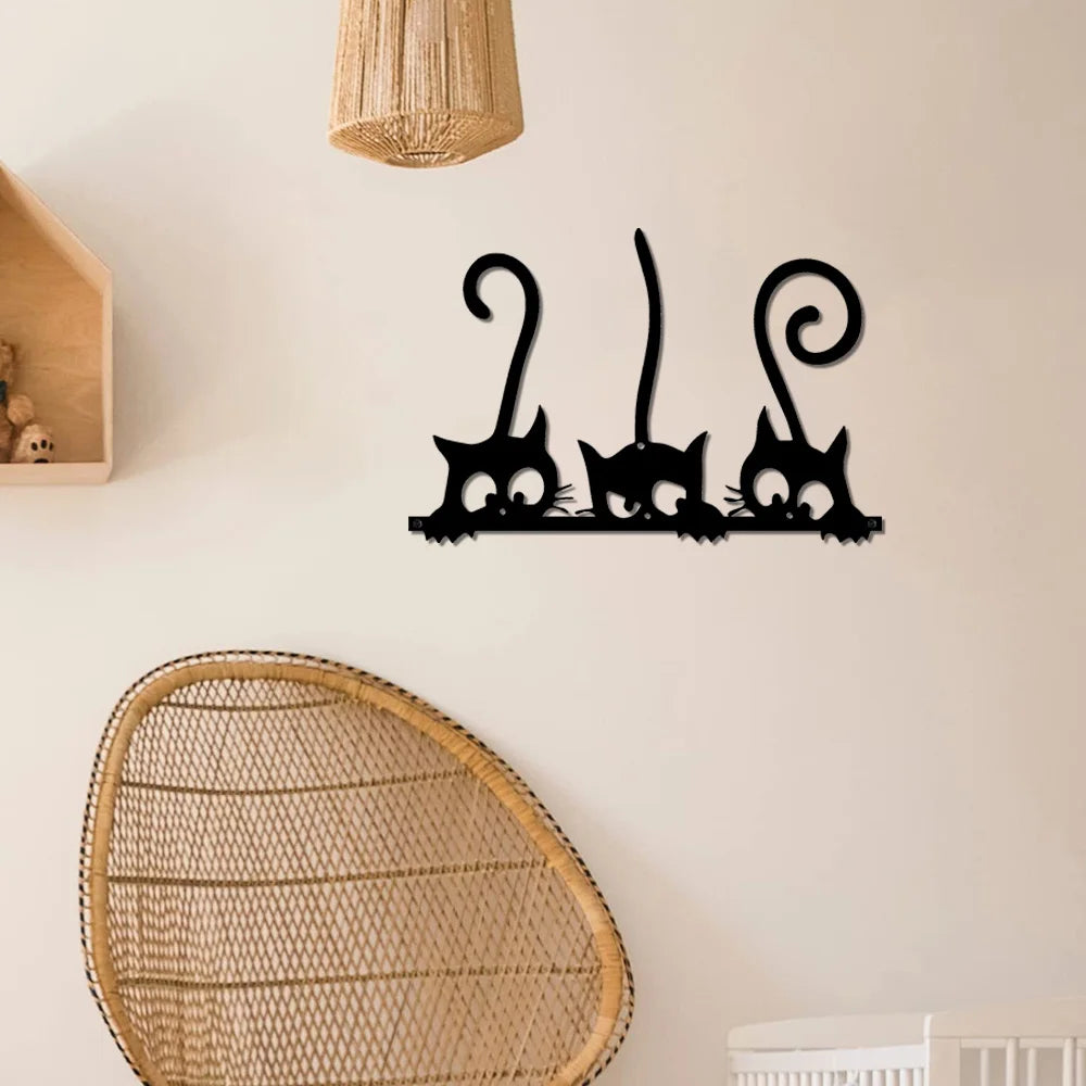 Elevate your home decor with this exquisite Three Black Cats Metal Wall Art. Expertly crafted from iron, this 3D wall decoration is the perfect addition to your living room, dining room, or kitchen. Show off your love for cats with this unique and modern piece that will surely impress any cat lover.