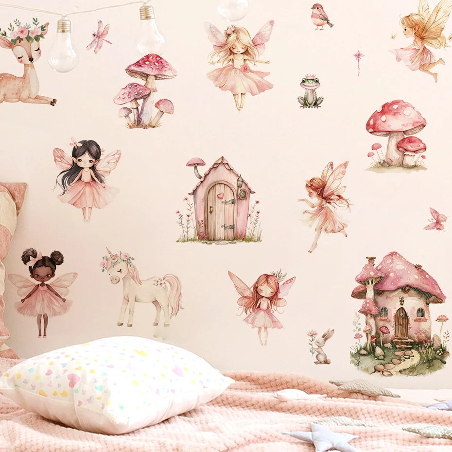 Wallpaper with fairy and unicorn designs in a child's room.