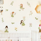 Wall with fairy and flower decals on a light-colored wall.