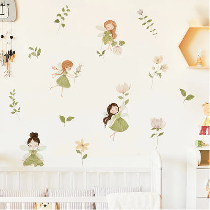 Wall with fairy and flower decals on a light-colored wall.