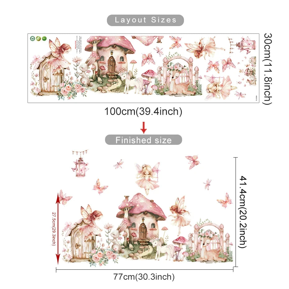 Decorative wall sticker with fairy tale design and measurement details on a white background