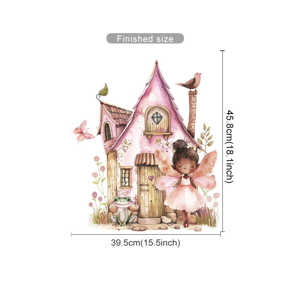 Illustration of a fairy and pink house with measurements on a white background