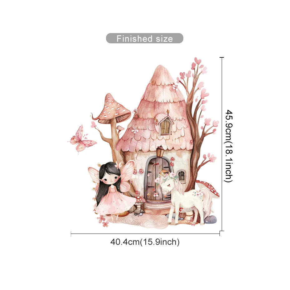 Illustration of a fairy house with a fairy and unicorn, showing dimensions on a white background.