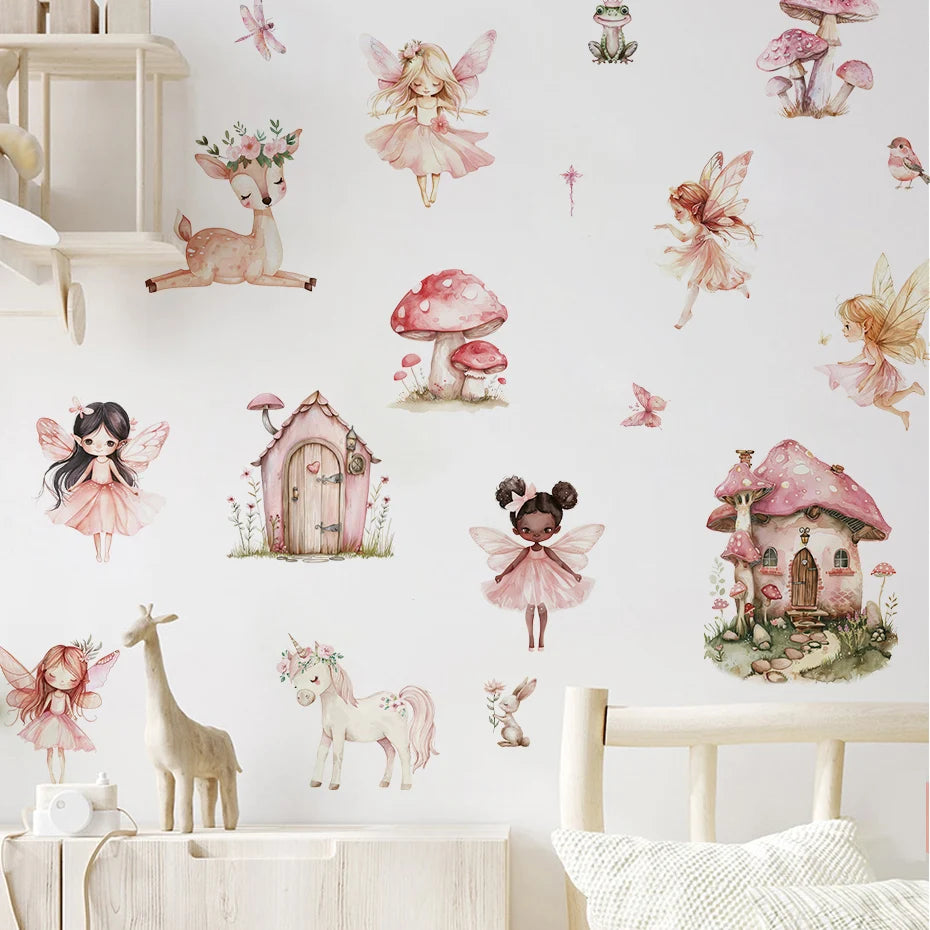 Wallpaper with fairy and fantasy-themed stickers on a white wall.