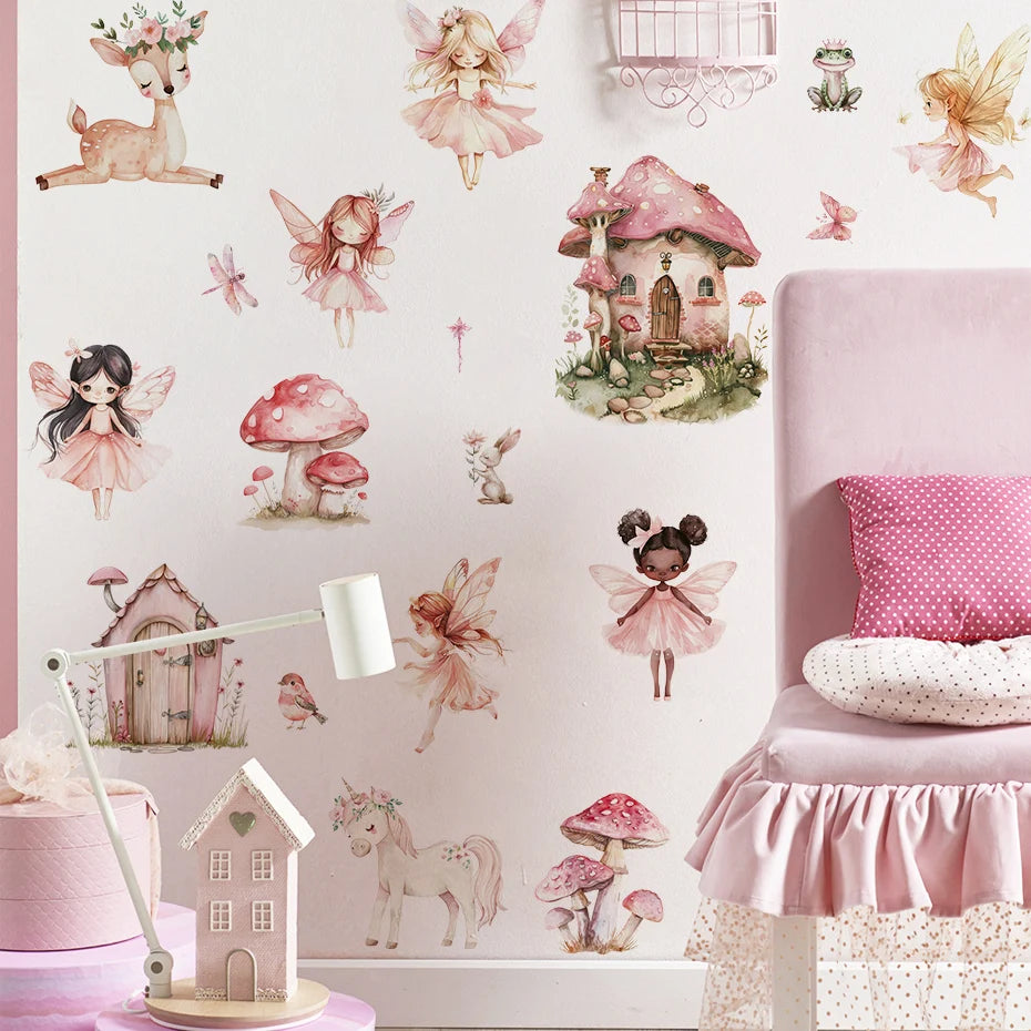 Children's room with fairy-themed wall decals and pink furniture.